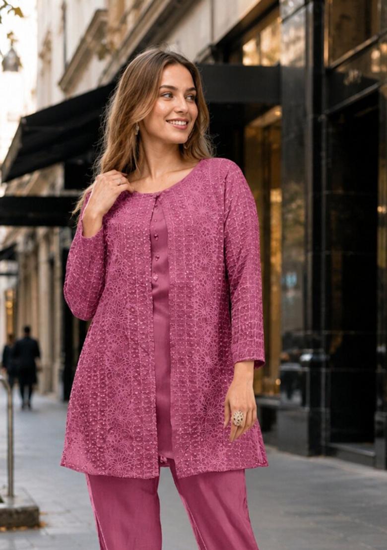 Pink Embroidered Georgette Kurta Set - Indya