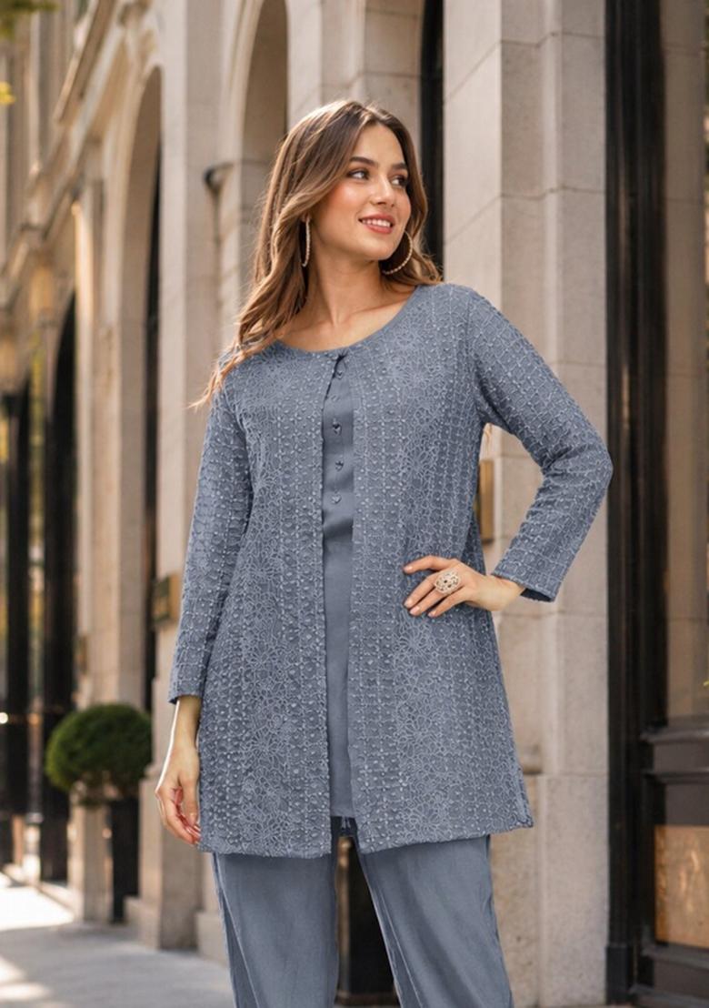 Grey Embroidered Georgette Kurta Set - Indya
