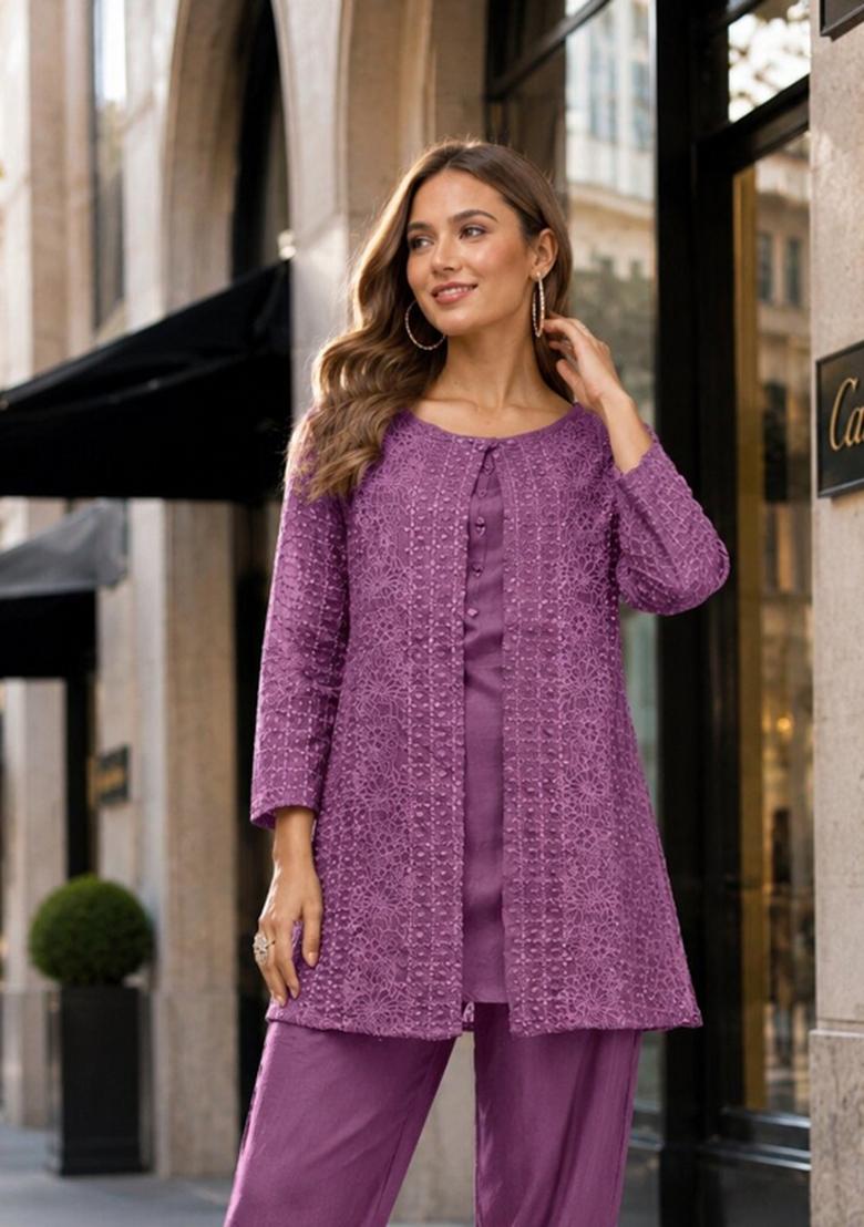 Purple Embroidered Georgette Kurta Set - Indya