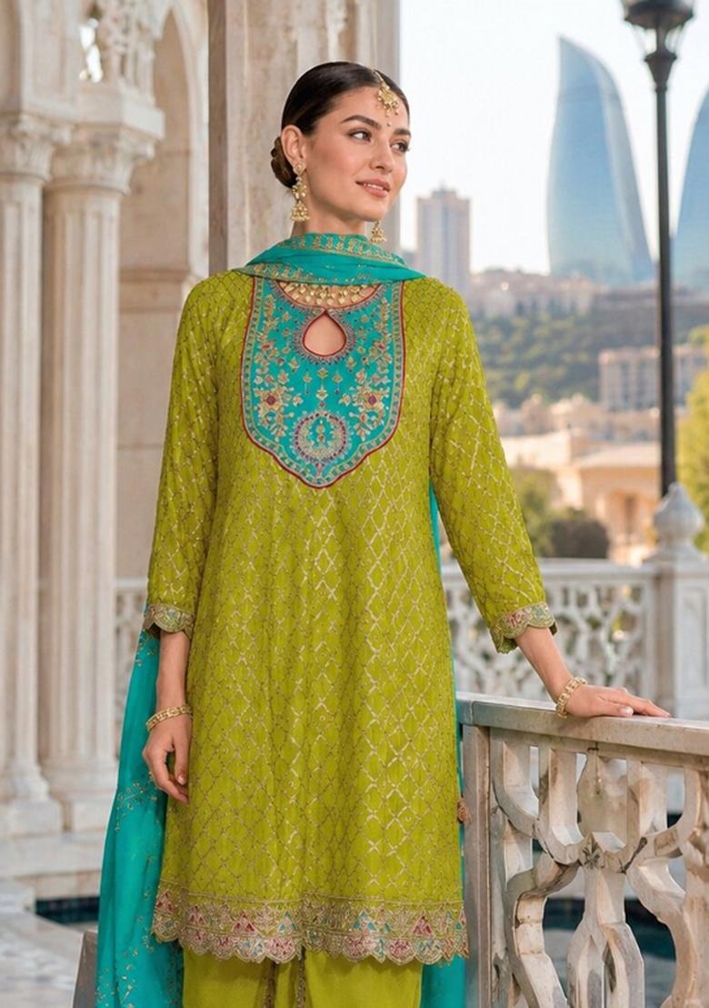 Green Embroidered Silk Blend Dhoti Suit - Indya