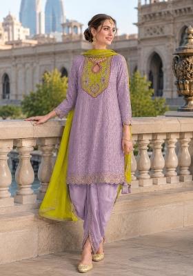 Lavender Embroidered Silk Blend Dhoti Suit