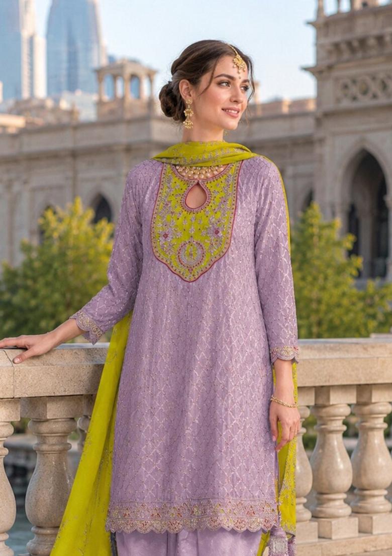 Lavender Embroidered Silk Blend Dhoti Suit - Indya