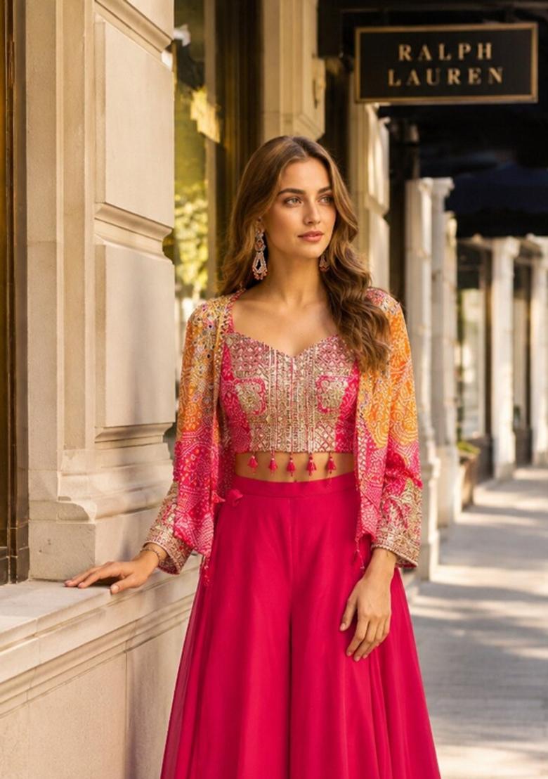 Magenta Printed Silk Indo Western - Indya