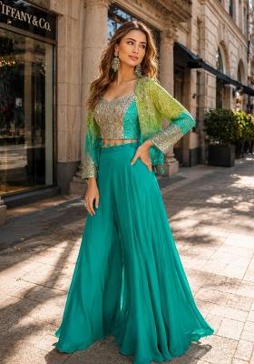 Teal Blue Printed Silk Indo Western