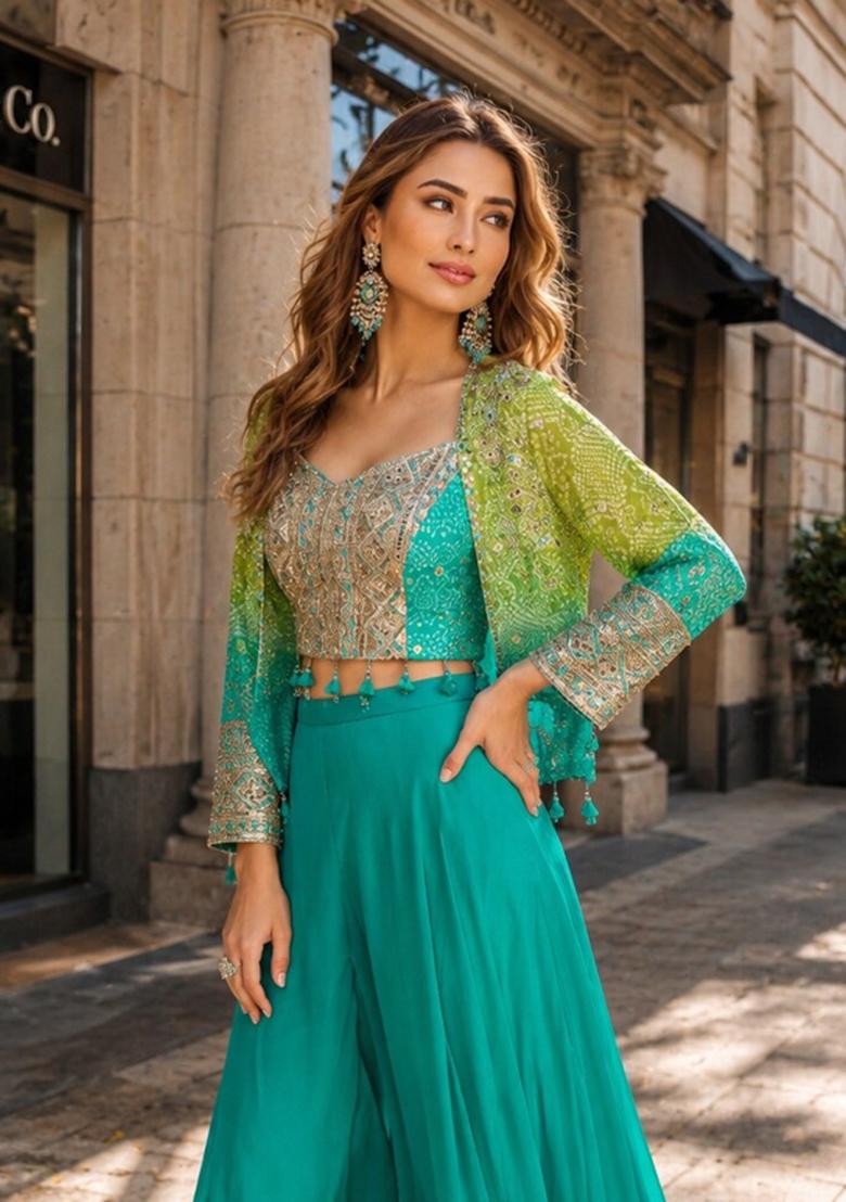 Teal Blue Printed Silk Indo Western - Indya