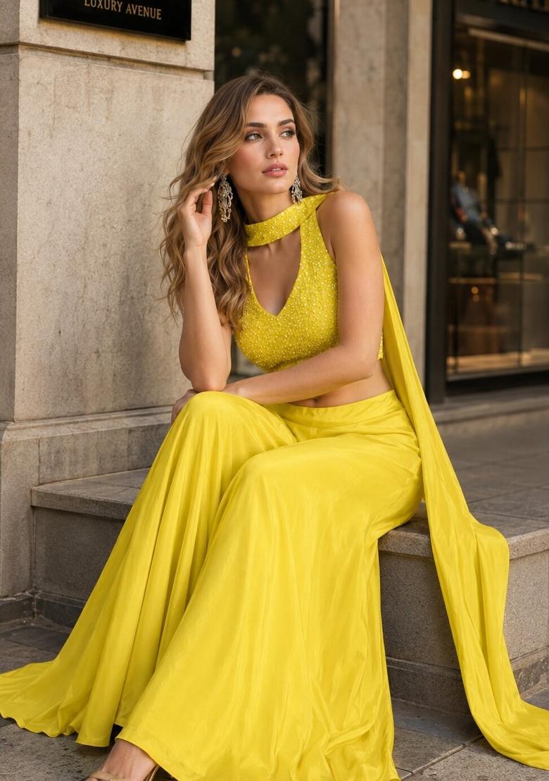 Yellow Sequin Work Silk Indo Western - Indya