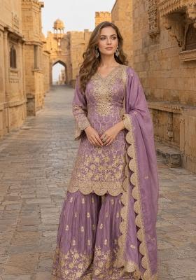 Purple Embroidered Shimmar Kurta Set