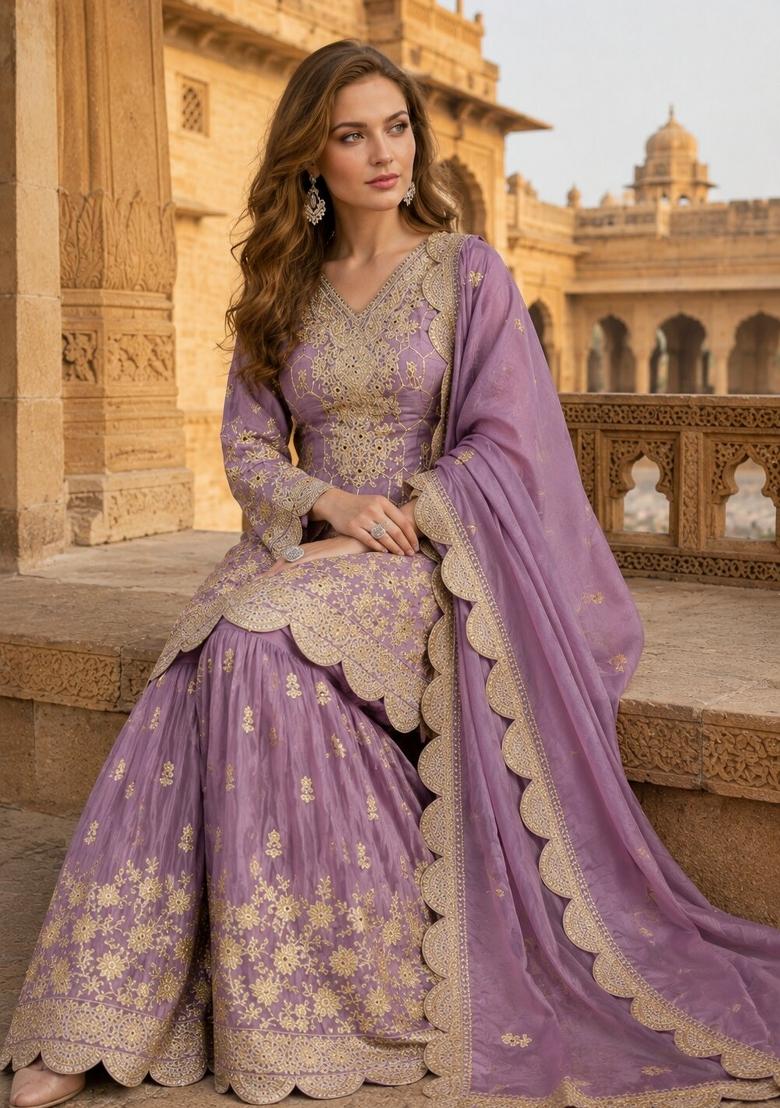 Purple Embroidered Shimmar Kurta Set - Indya