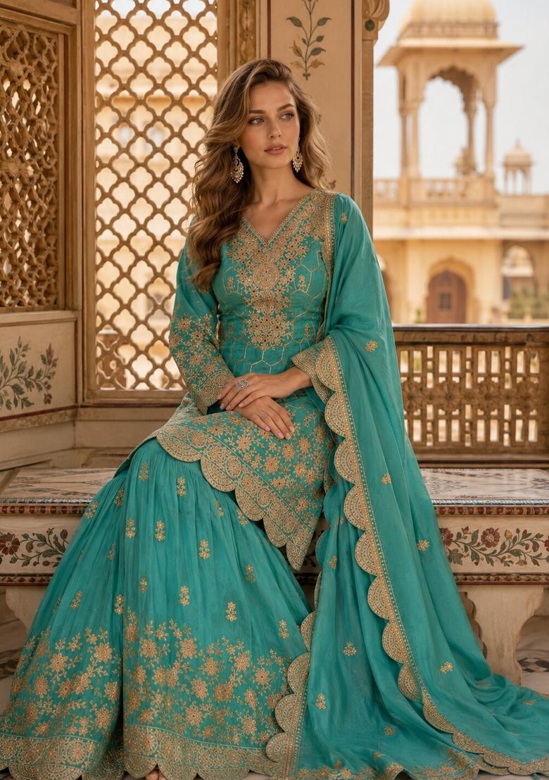 Sky Blue Embroidered Shimmar Kurta Set - Indya