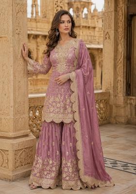 Peach Embroidered Shimmar Kurta Set