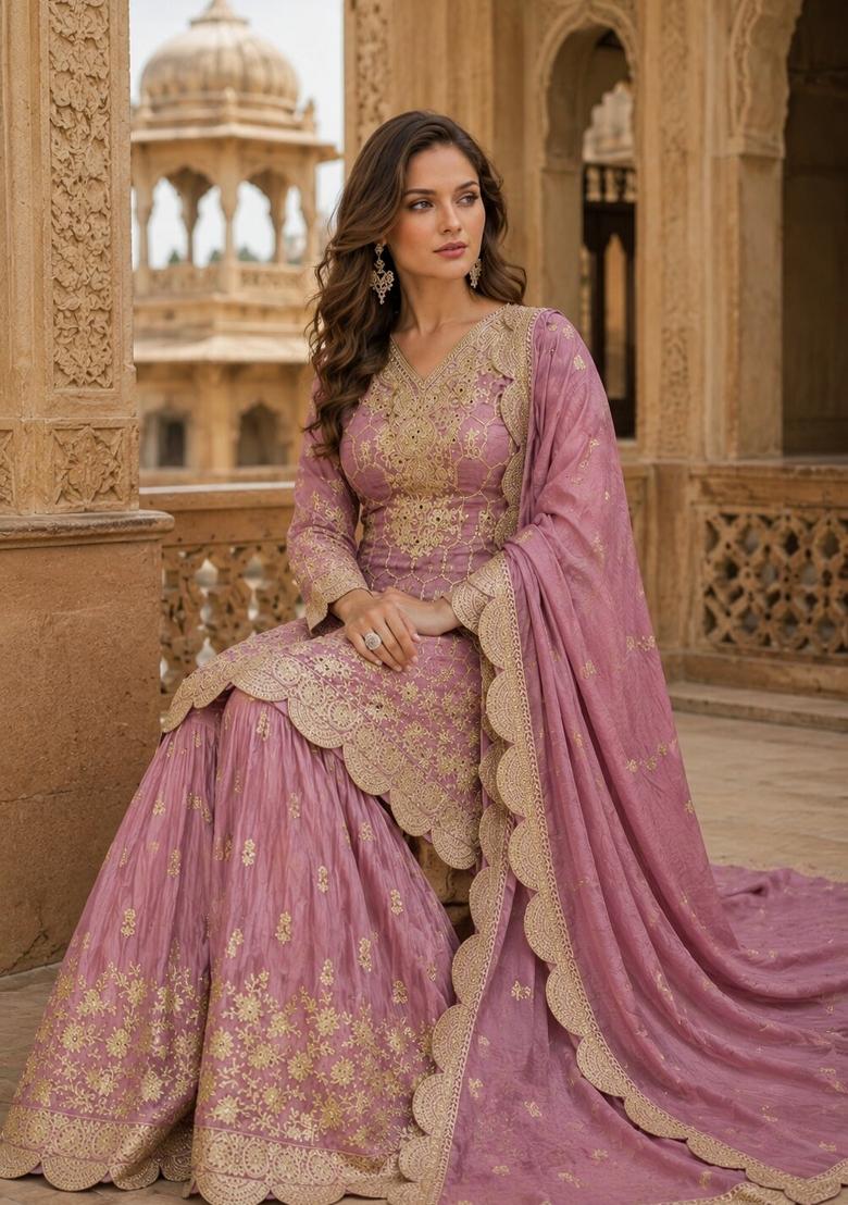 Peach Embroidered Shimmar Kurta Set - Indya