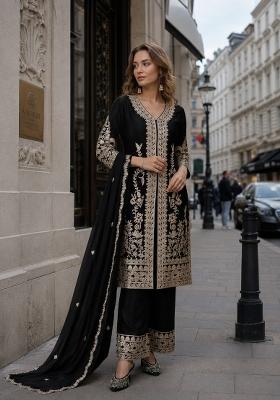 Black Embroidered Silk Blend Kurta Set