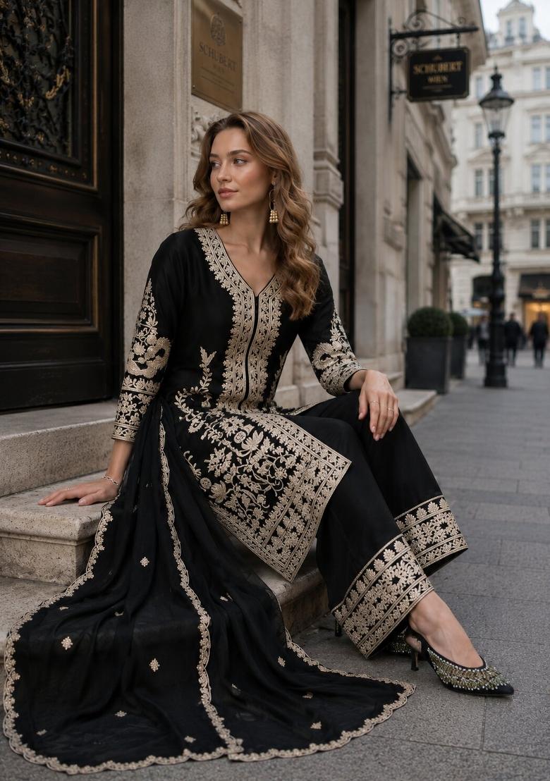 Black Embroidered Silk Blend Kurta Set - Indya