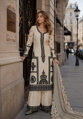 Beige Embroidered Silk Blend Kurta Set