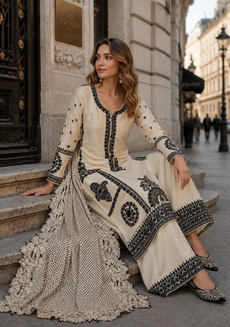 Beige Embroidered Silk Blend Kurta Set - Indya