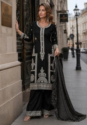 Black Embroidered Silk Blend Kurta Set