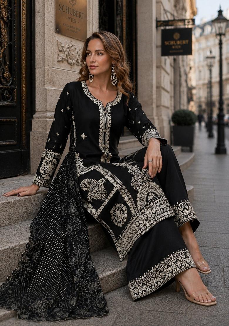 Black Embroidered Silk Blend Kurta Set - Indya