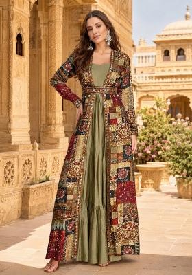 Olive Printed Georgette Anarkali Set