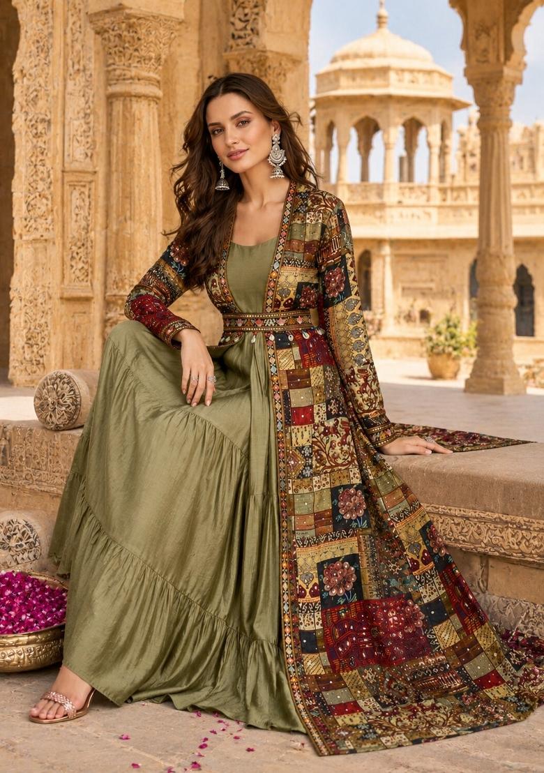 Olive Printed Georgette Anarkali Set - Indya