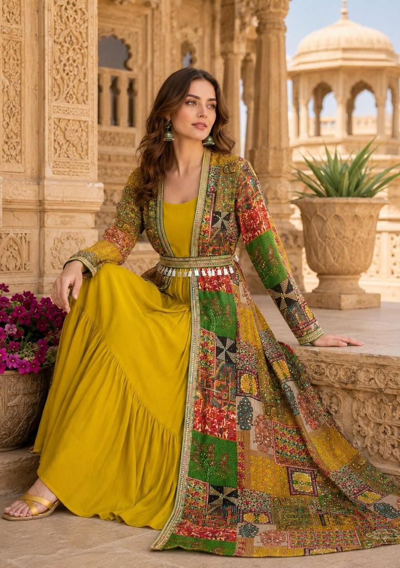 Yellow Printed Georgette Anarkali Set - Indya