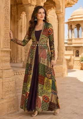 Brown Printed Georgette Anarkali Set