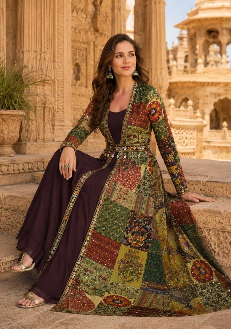 Brown Printed Georgette Anarkali Set - Indya
