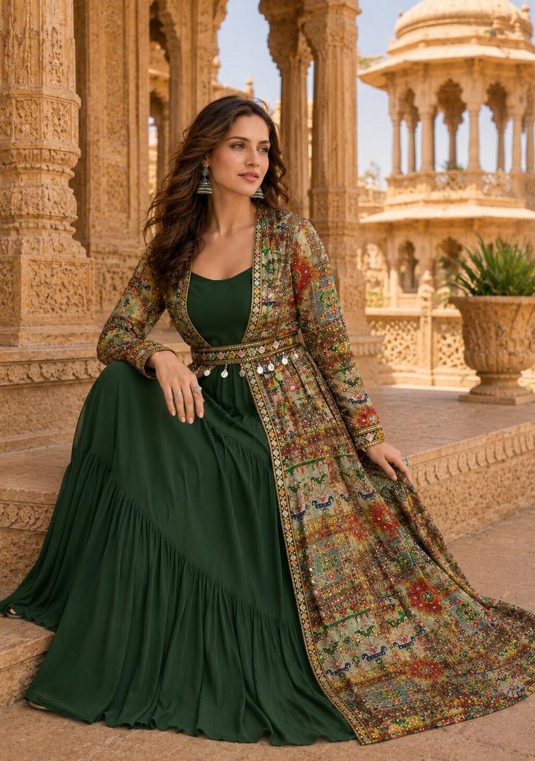 Dark Green Printed Georgette Anarkali Set - Indya