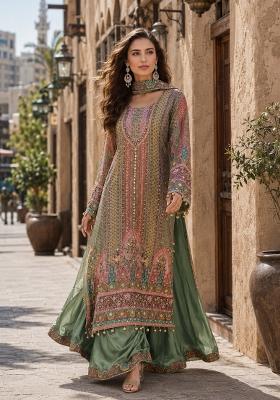 Green Printed Crepe Kurta Set