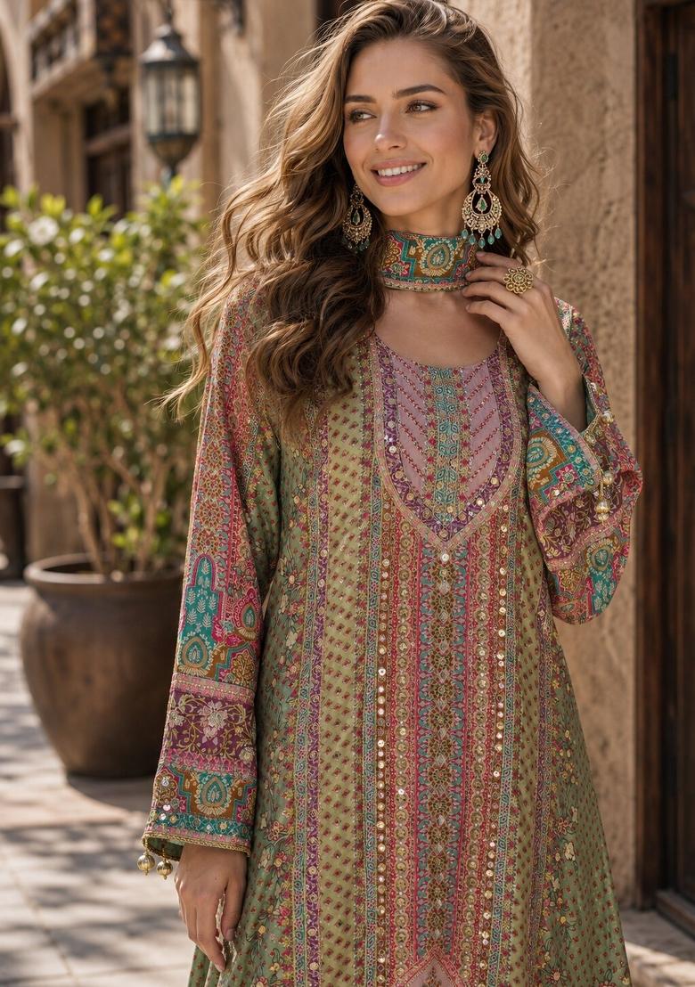 Green Printed Crepe Kurta Set - Indya