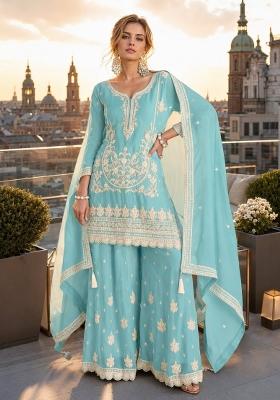 Sky Blue Embroidered Silk Blend Kurta Set