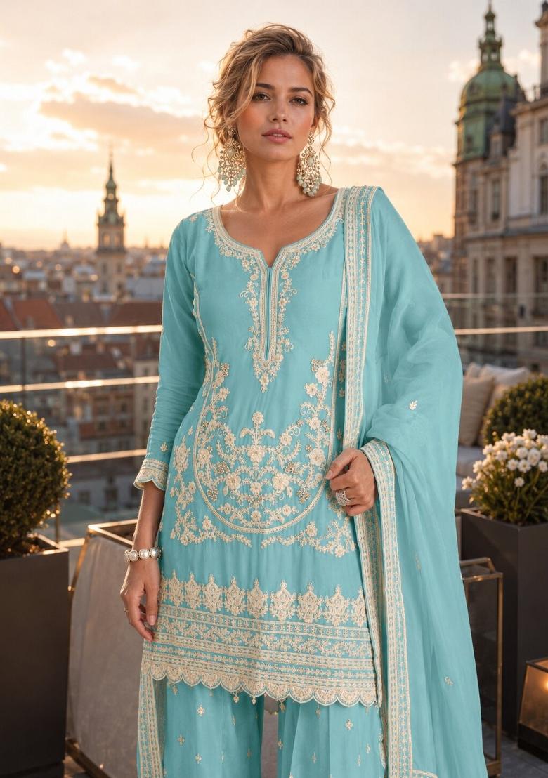 Sky Blue Embroidered Silk Blend Kurta Set - Indya