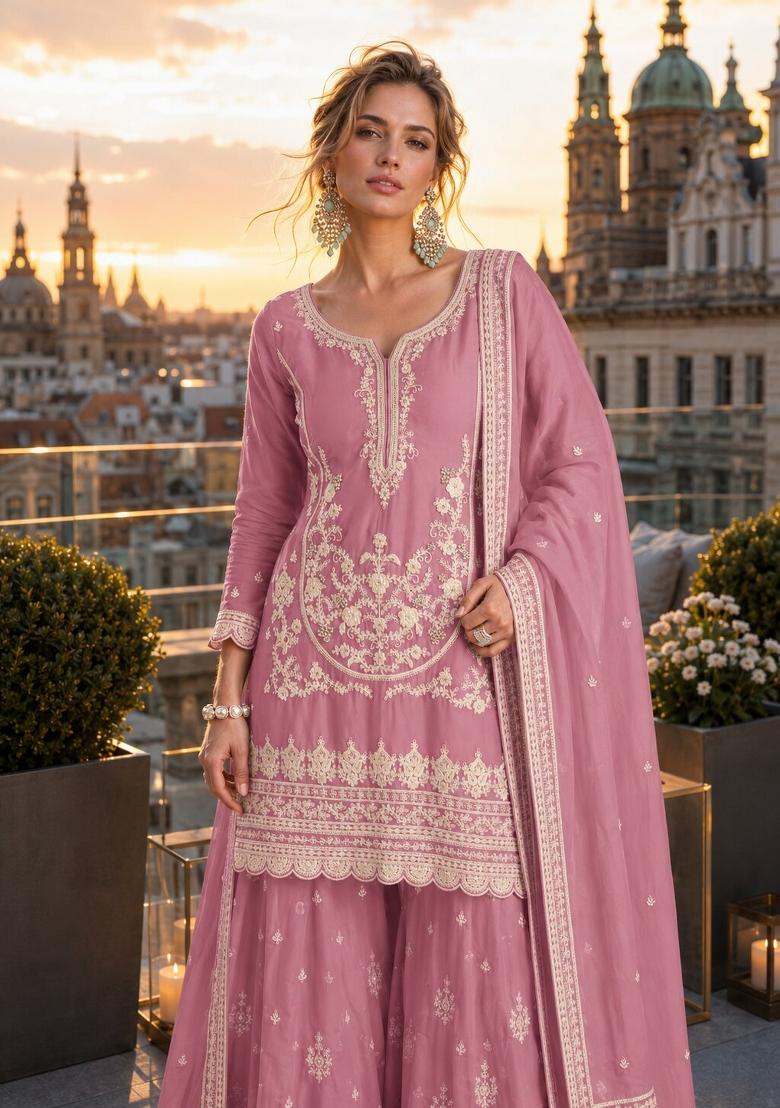 Purple Embroidered Silk Blend Kurta Set - Indya