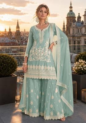 Turquoise Embroidered Silk Blend Kurta Set