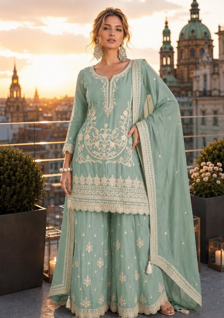 Turquoise Embroidered Silk Blend Kurta Set - Indya