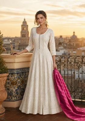 White Embroidered Georgette Anarkali With Dupatta