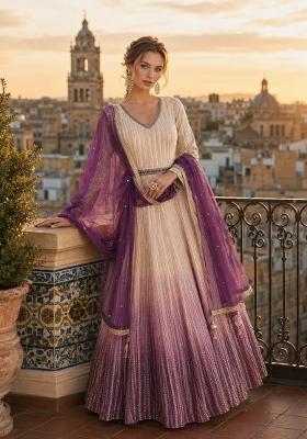 Cream Embroidered Georgette Anarkali With Dupatta