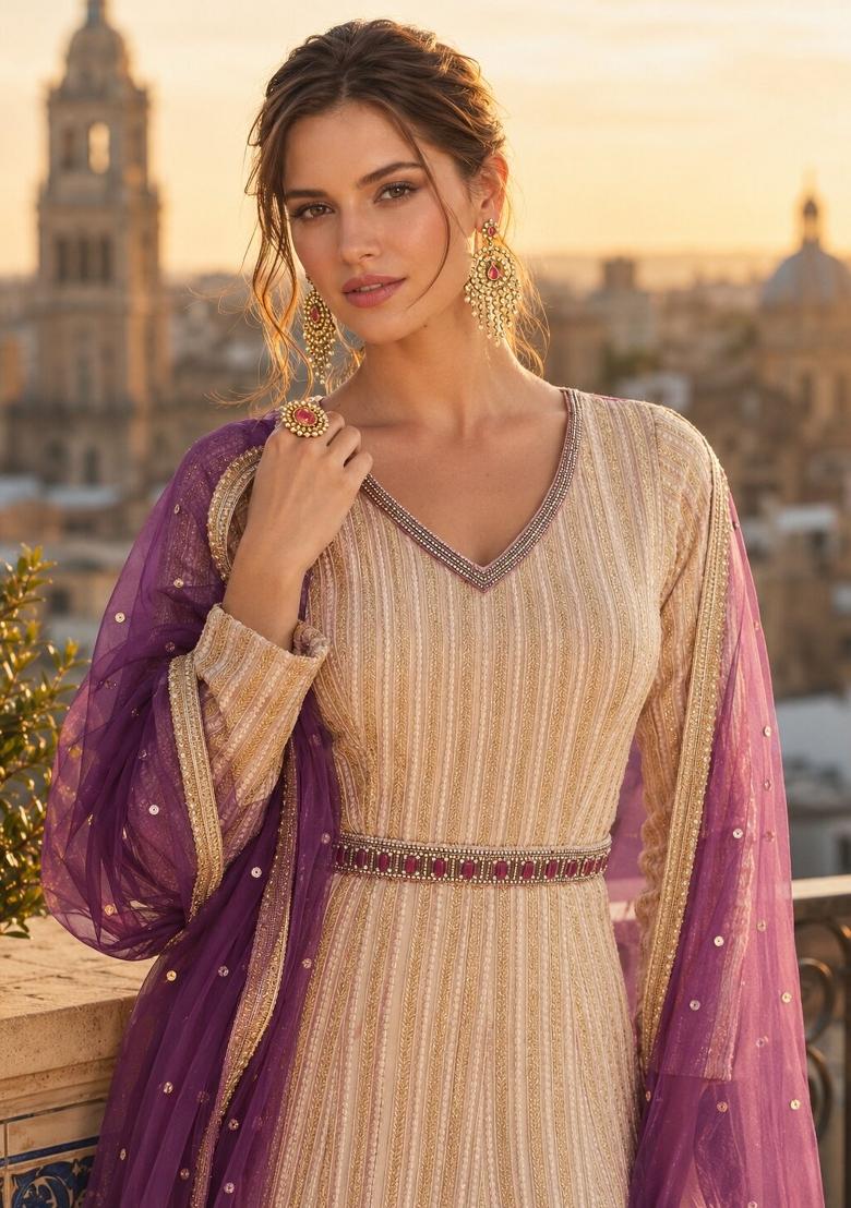 Cream Embroidered Georgette Anarkali With Dupatta - Indya