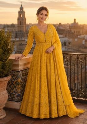 Yellow Embroidered Georgette Anarkali With Dupatta