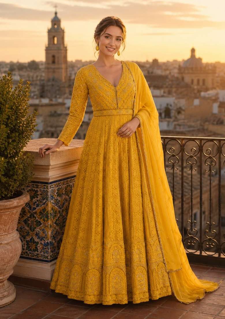 Yellow Embroidered Georgette Anarkali With Dupatta - Indya