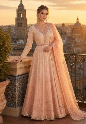 Peach Embroidered Georgette Anarkali With Dupatta