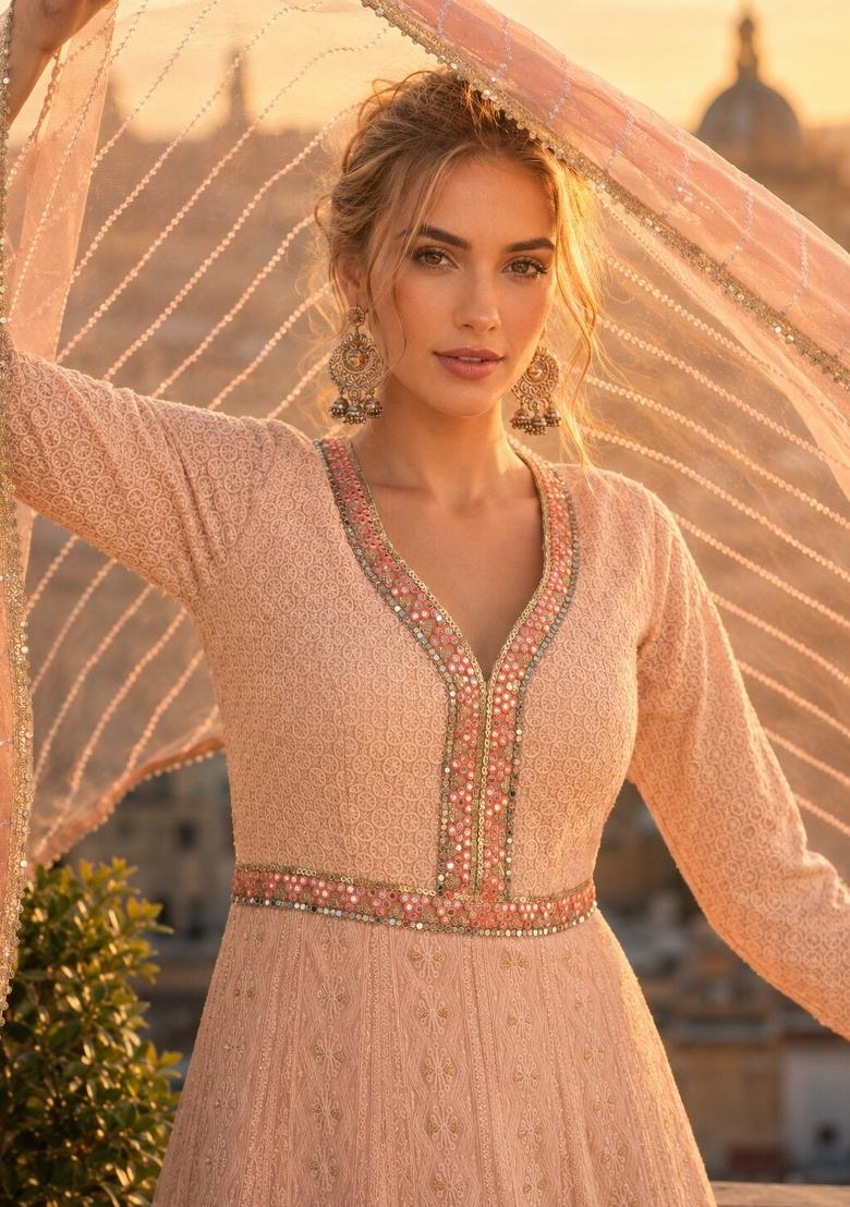 Peach Embroidered Georgette Anarkali With Dupatta - Indya