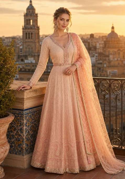 Peach Embroidered Georgette Anarkali With Dupatta