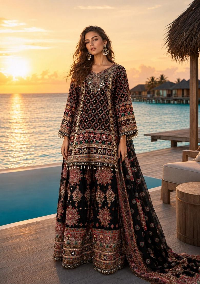Black Printed Crepe Kurta Set - Indya