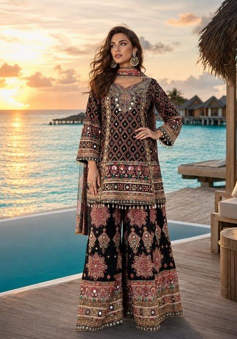 Black Printed Crepe Kurta Set
