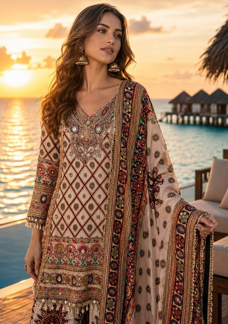White Printed Crepe Kurta Set - Indya