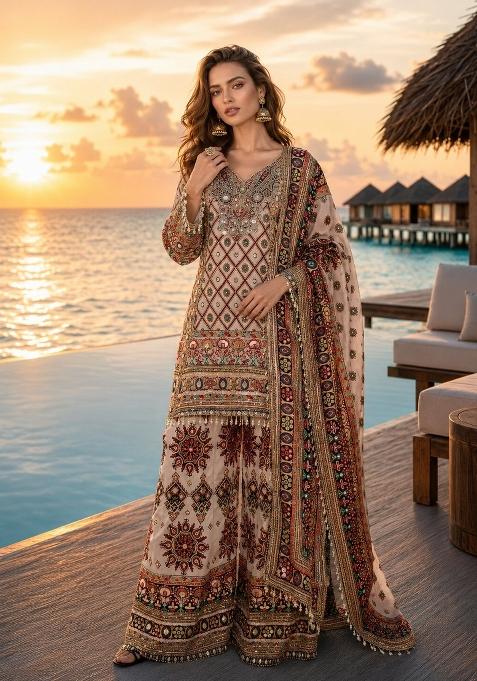 White Printed Crepe Kurta Set