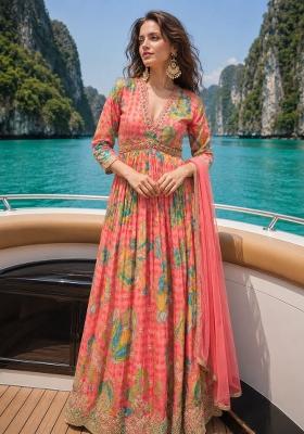 Pink Embroidered Silk Blend Anarkali With Dupatta