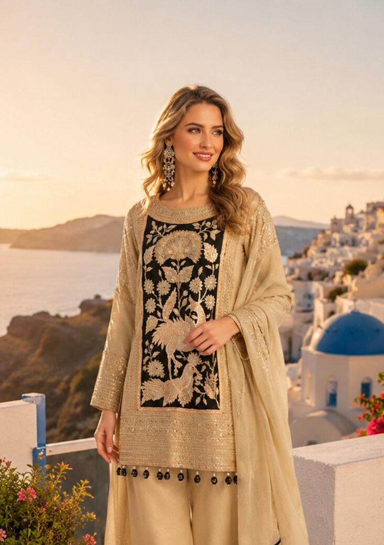 Cream Embroidered Shimmar Kurta Set - Indya