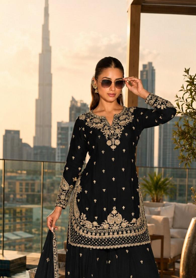 Black Embroidered Silk Blend Kurta Set - Indya