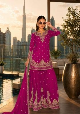 Rani Pink Embroidered Silk Blend Kurta Set